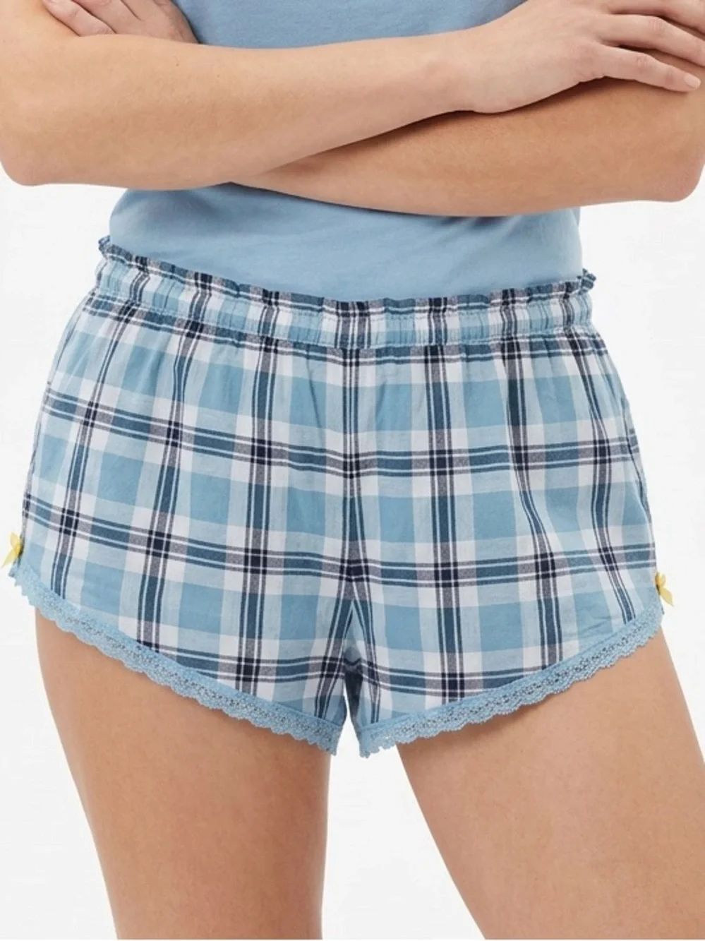 KENSIE | Light & Navy Blue Plaid Sleep Shorts Bow Accent Women’s Size Large